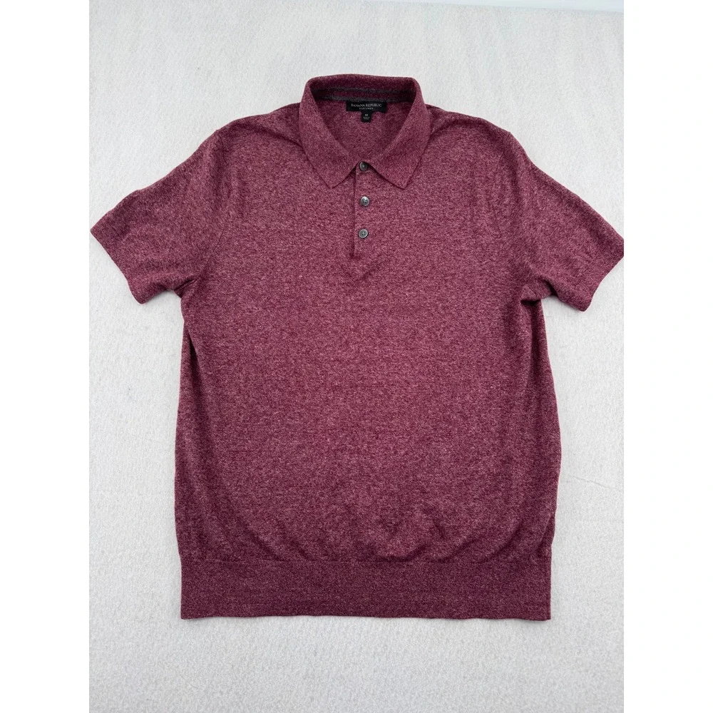Banana Republic Mens M Silk Linen Knit Polo Shirt Burgundy Heather Lightweight